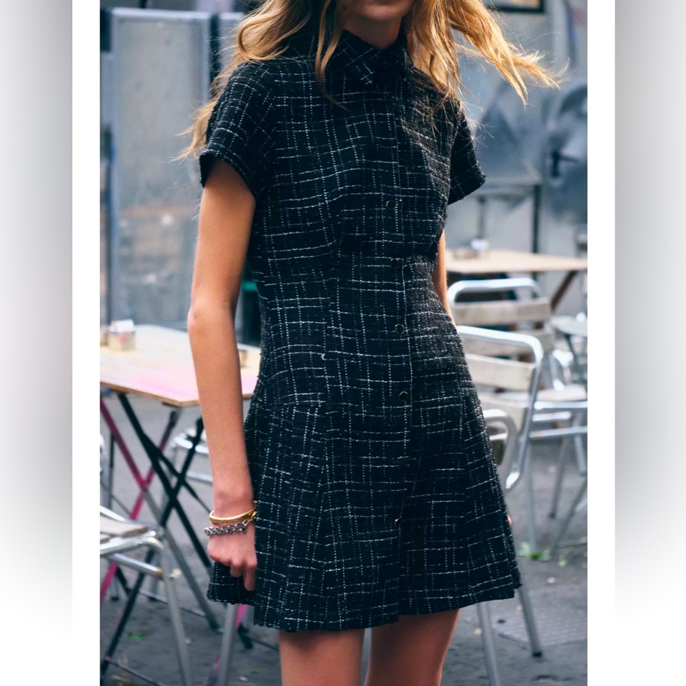 Tweed Chic Plaid Button Up Dress Black & White XS